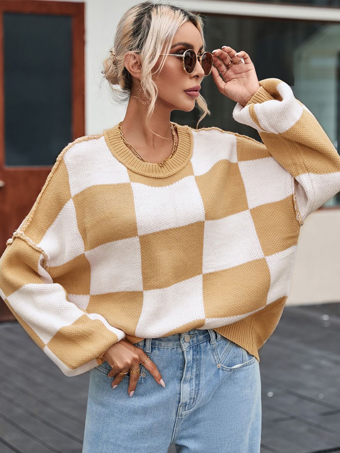 

StyleCast Women Checked Round Neck Pullover, Khaki