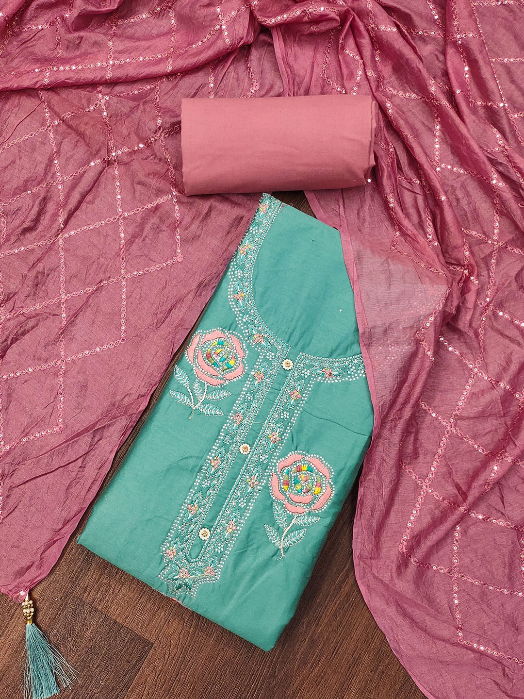 

Maroosh Floral Beads and Stones Embellished Unstitched Dress Material, Sea green