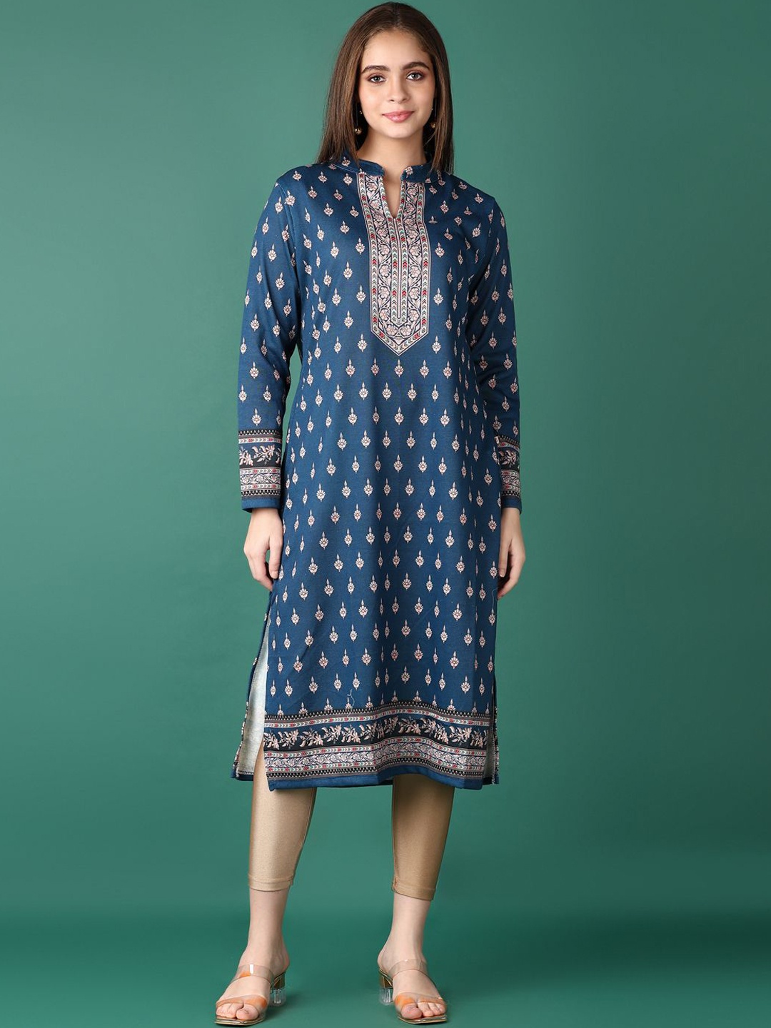 

V-Mart Ethnic Motifs Printed Mandarin Collar A-Line Kurta, Blue