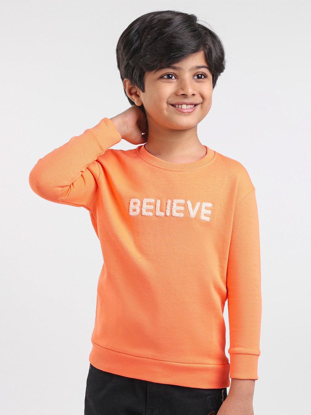 

Honeyhap Boys Typography Embroidered Round Neck Sweatshirt, Orange