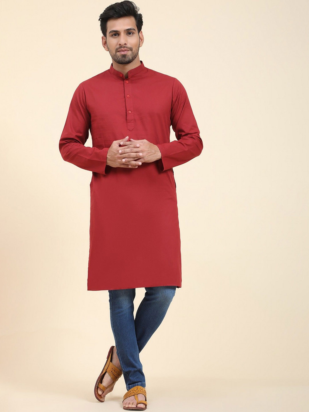 

SKAVIJ Mandarin Collar Cotton Straight Kurta, Red