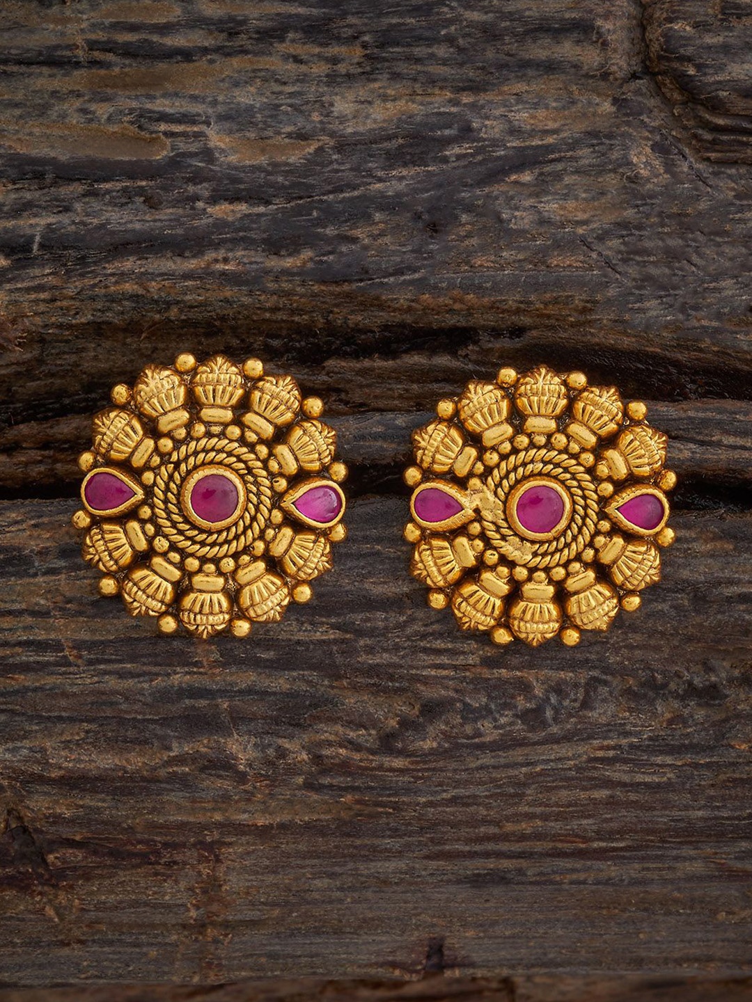 

Kushal's Fashion Jewellery Gold-Plated Stone Studded Antique Circular Studs Earrings