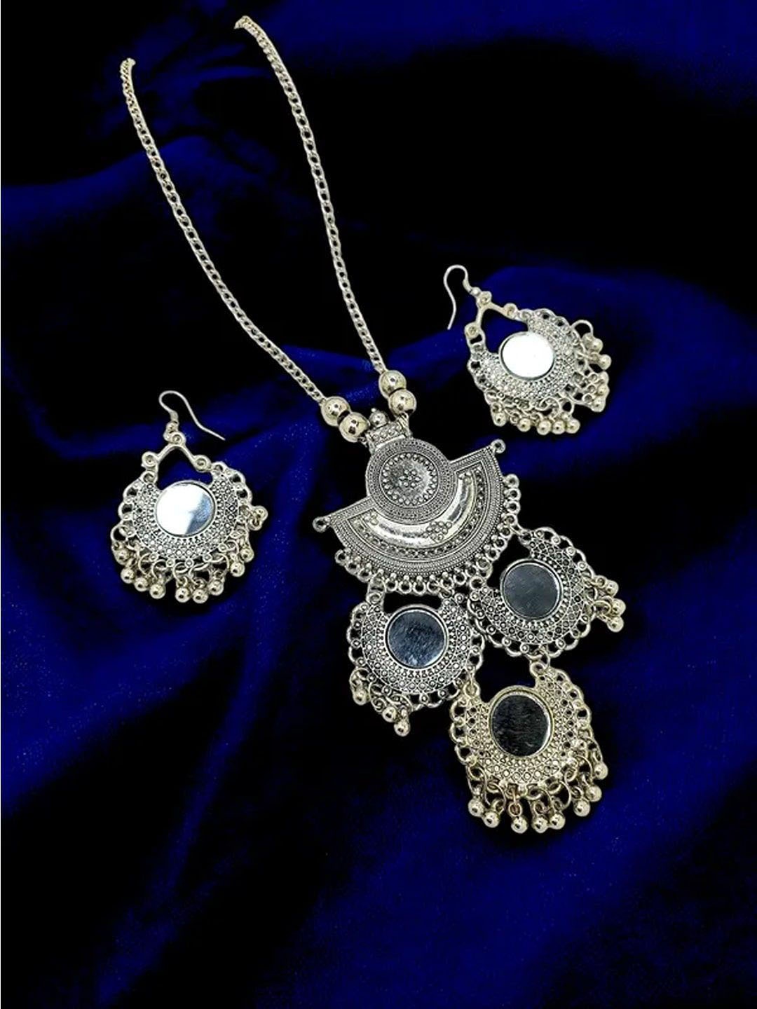 

9blings Silver-Plated Mirrors & Ghungroo Studded Jewellery Set