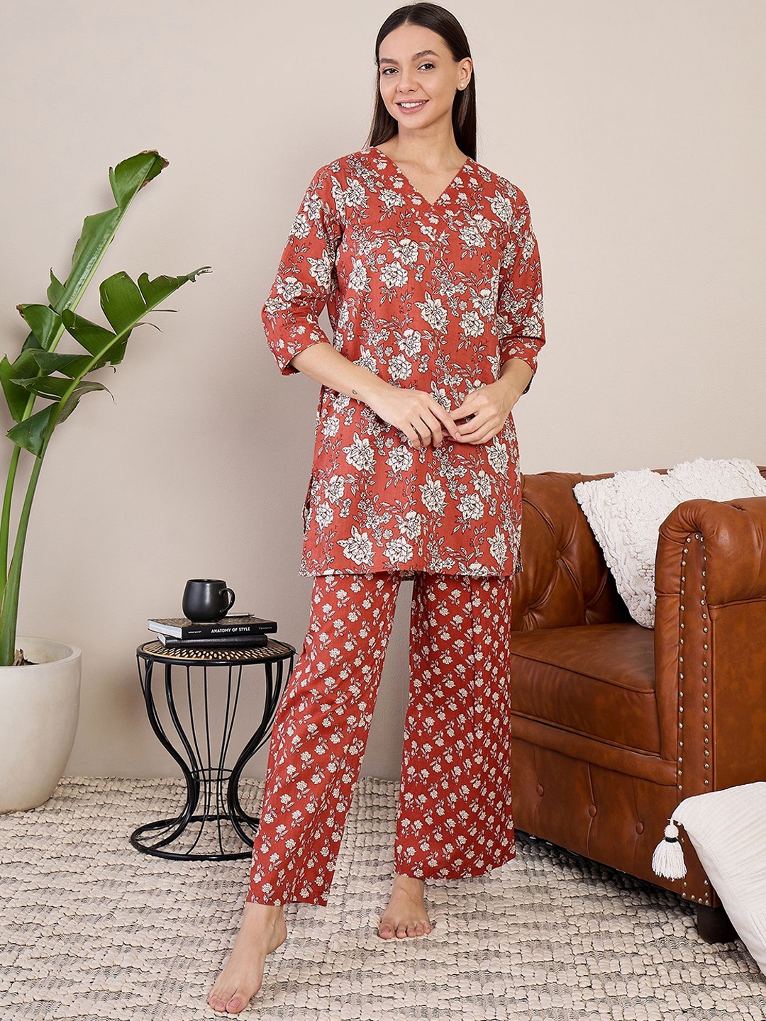 

July Women Pure Cotton Floral Printed Night suit, Coffee brown