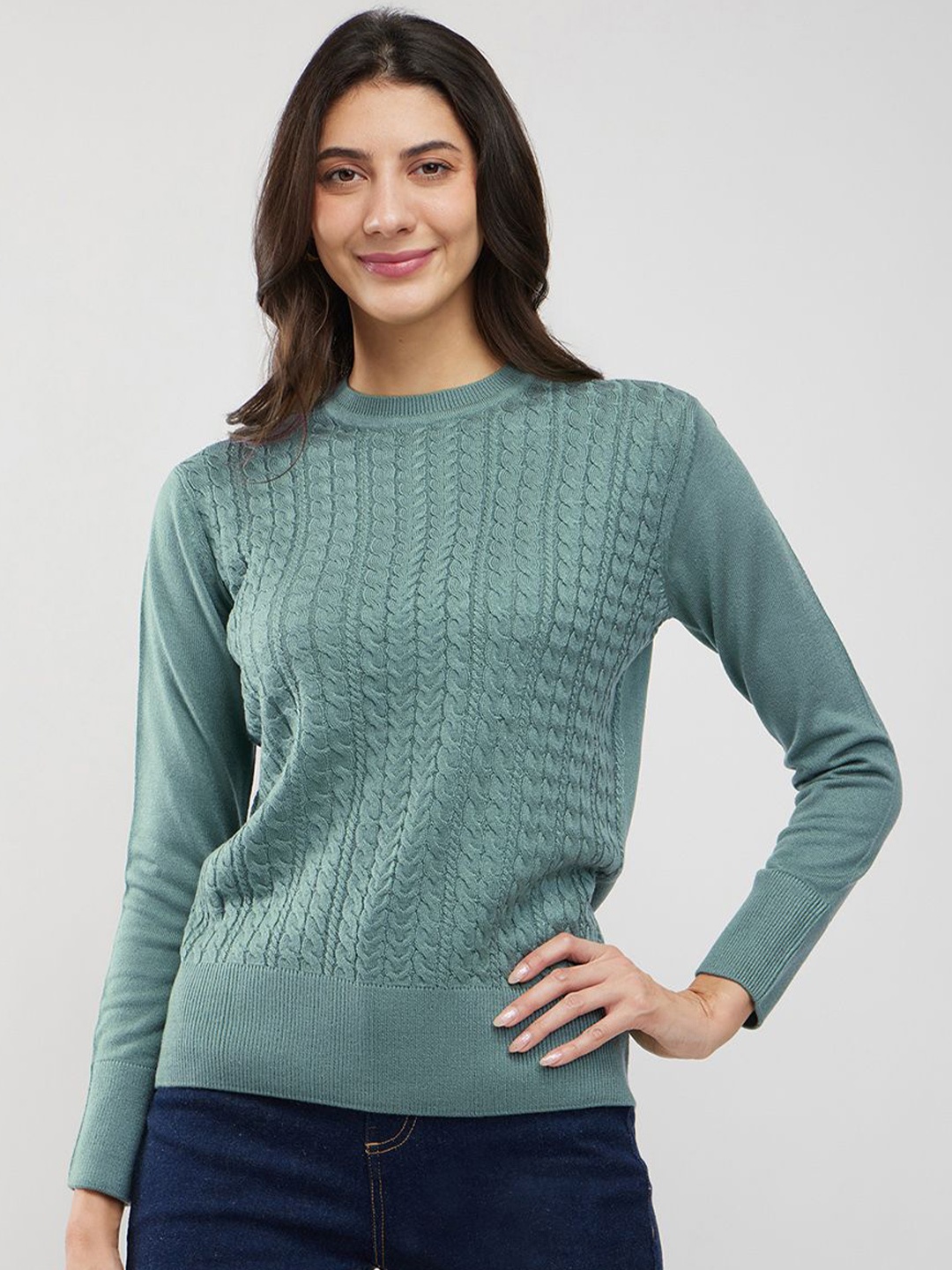 

FableStreet Women Round Neck Cable Knit Pullover, Olive