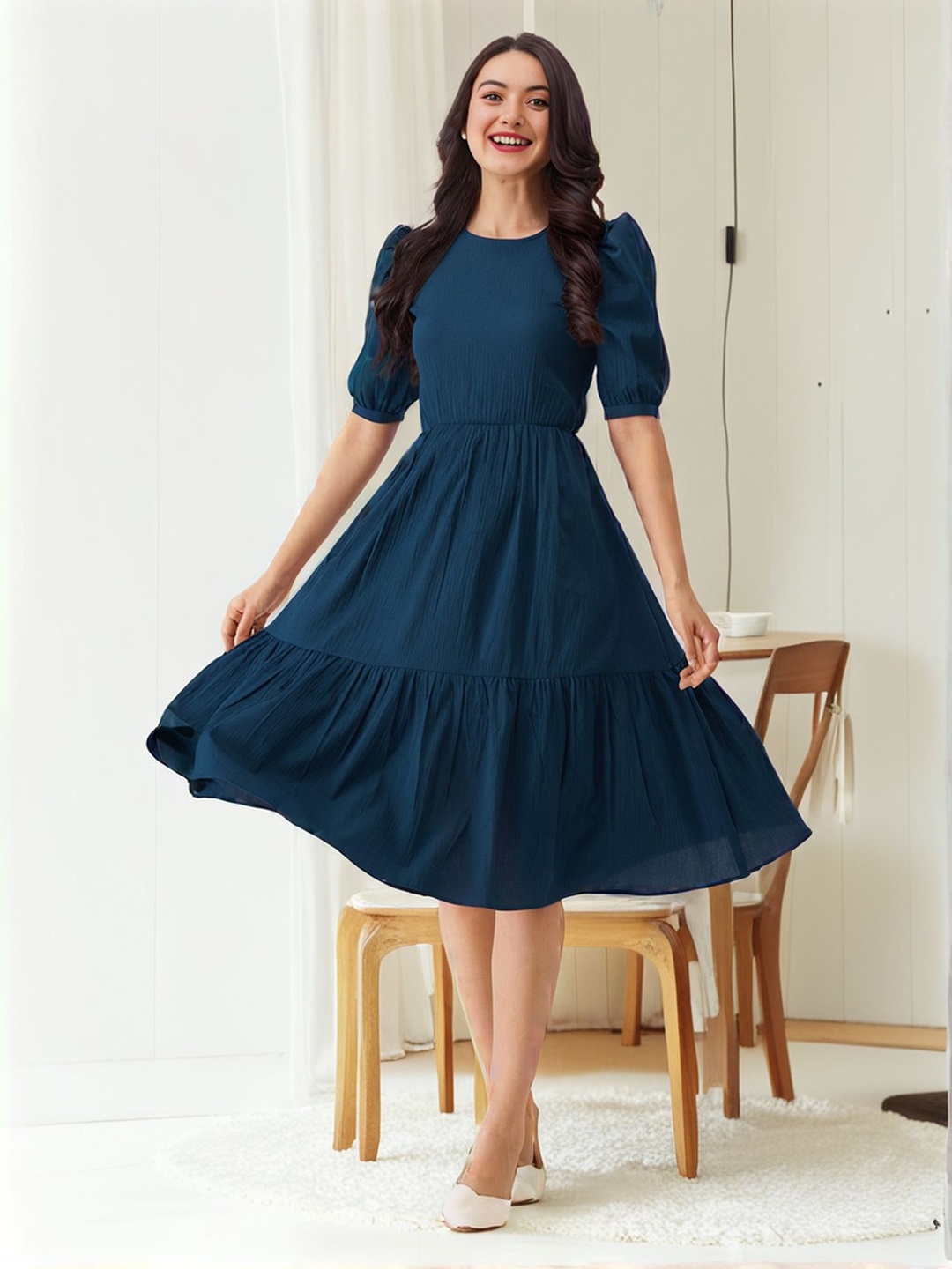 

Womenster Women Round Neck Puff Sleeve A-Line Midi Dress, Teal