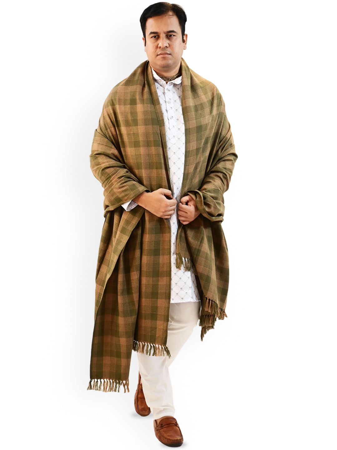 

Vrinde Checked Printed Pure Woollen Shawl, Tan