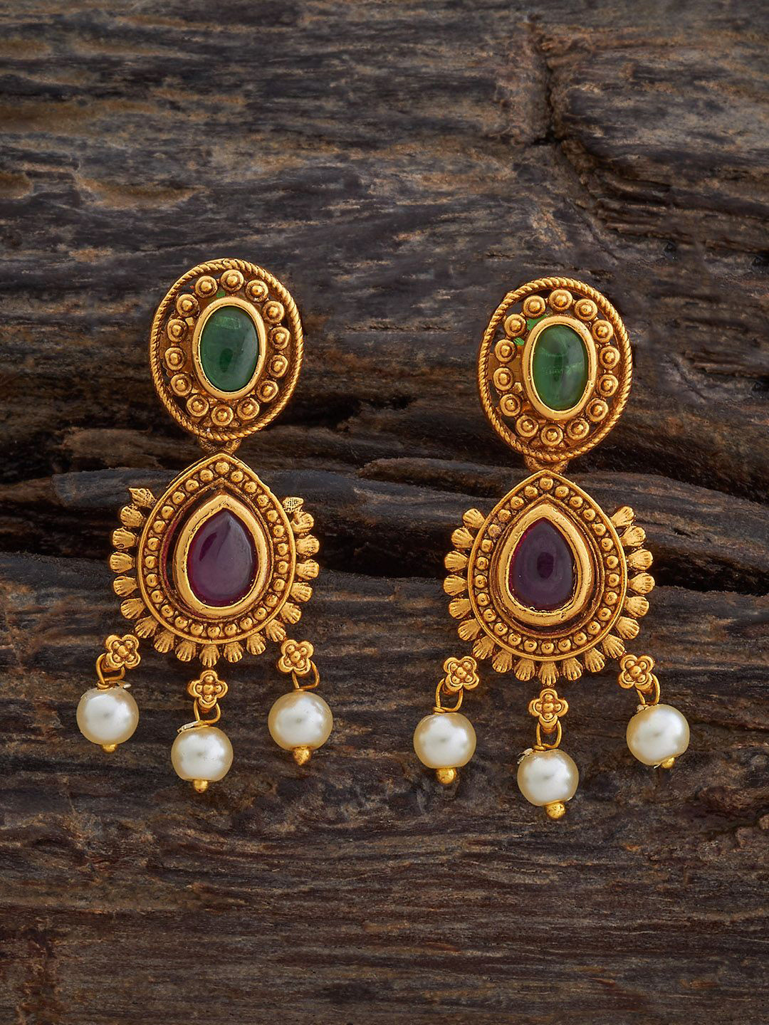 

Kushal's Fashion Jewellery Gold-Plated Ruby Studded Teardrop Shaped Antique Drop Earrings