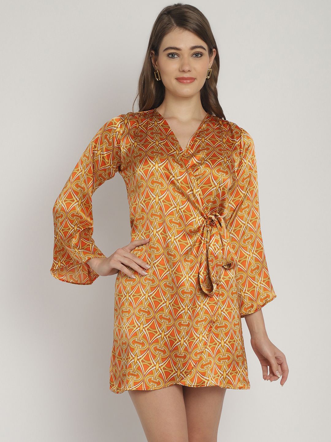 

Blissence Wome Printed Bell Sleeve Wrap Dress, Mustard