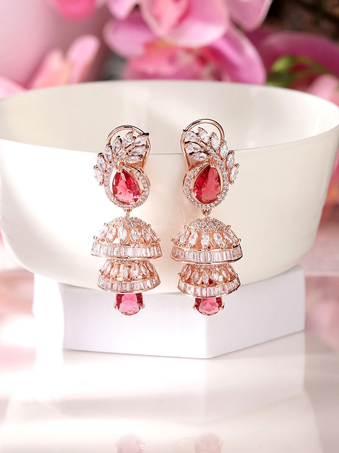 

Priyaasi Rose Gold-Plated American Diamond Stone Studded Dome Shaped Jhumkas