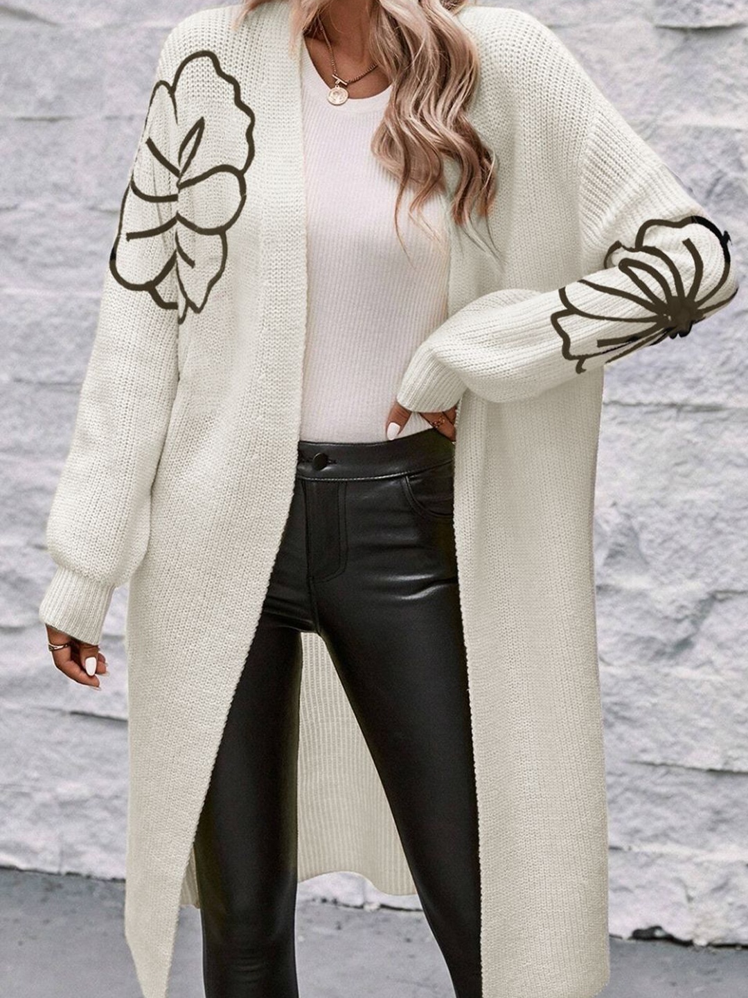 

StyleCast Women Floral Long Sleeves Longline Sweater, Beige
