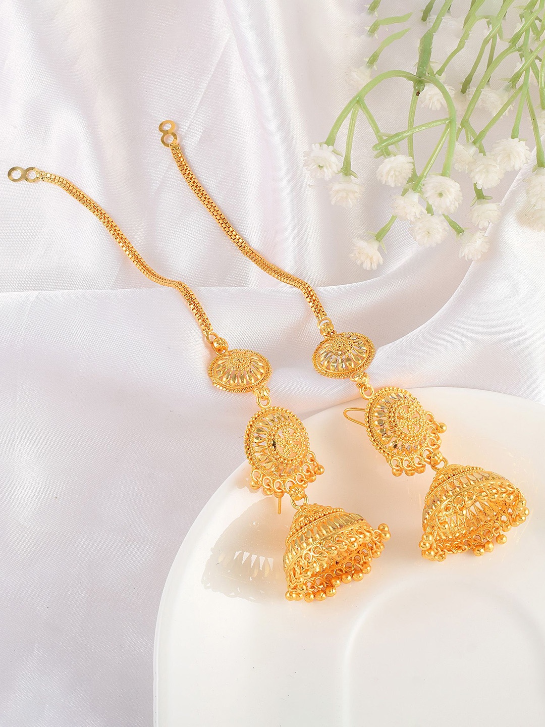 

MEMOIR Gold-Plated Quartz Studded Dome Shaped Kan Chain Jhumkas