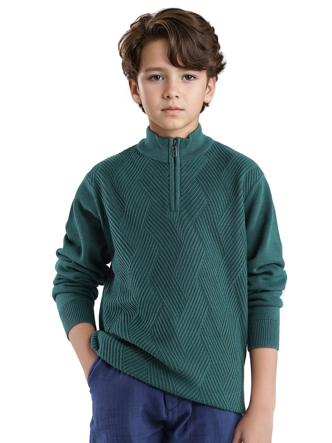 

RARE ONES Boys Cotton Self Design Cable Knit Pullover, Green