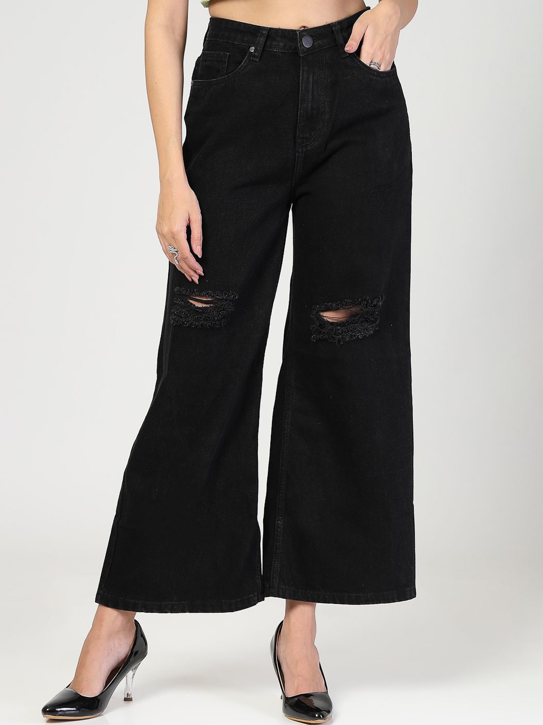 

Style Quotient Women Jean Wide Leg High-Rise Slash Knee Jeans, Black