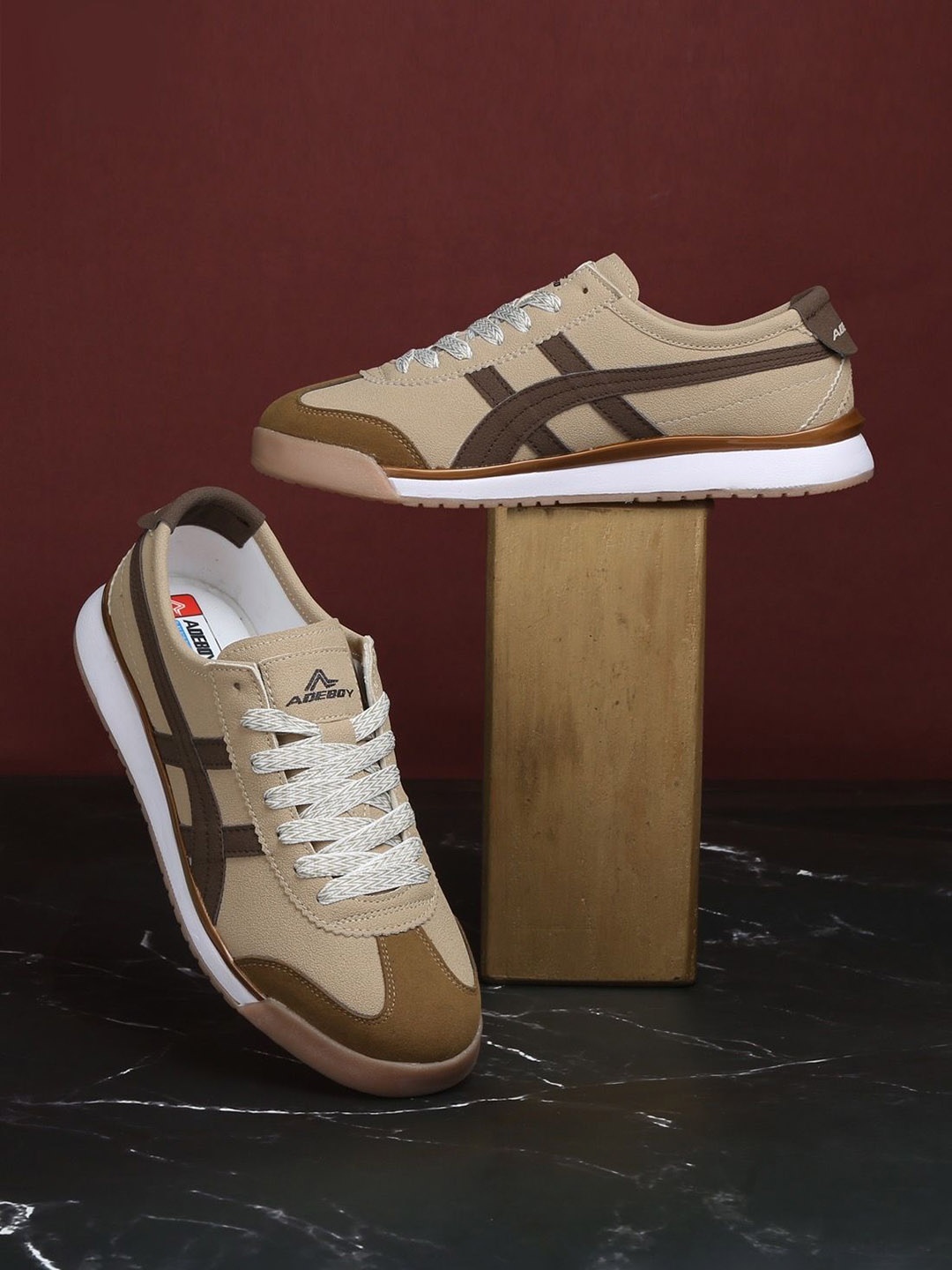 

adeboy Men Round Toe PU Sneakers, Cream