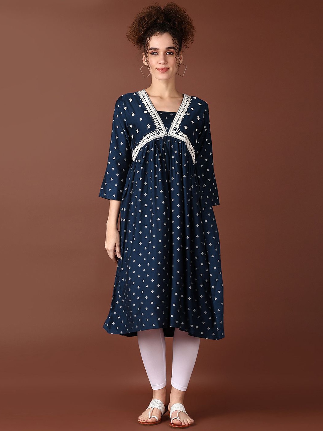 

V-Mart Ethnic Motifs Printed Mirror Work Cotton A-Line Kurta, Blue
