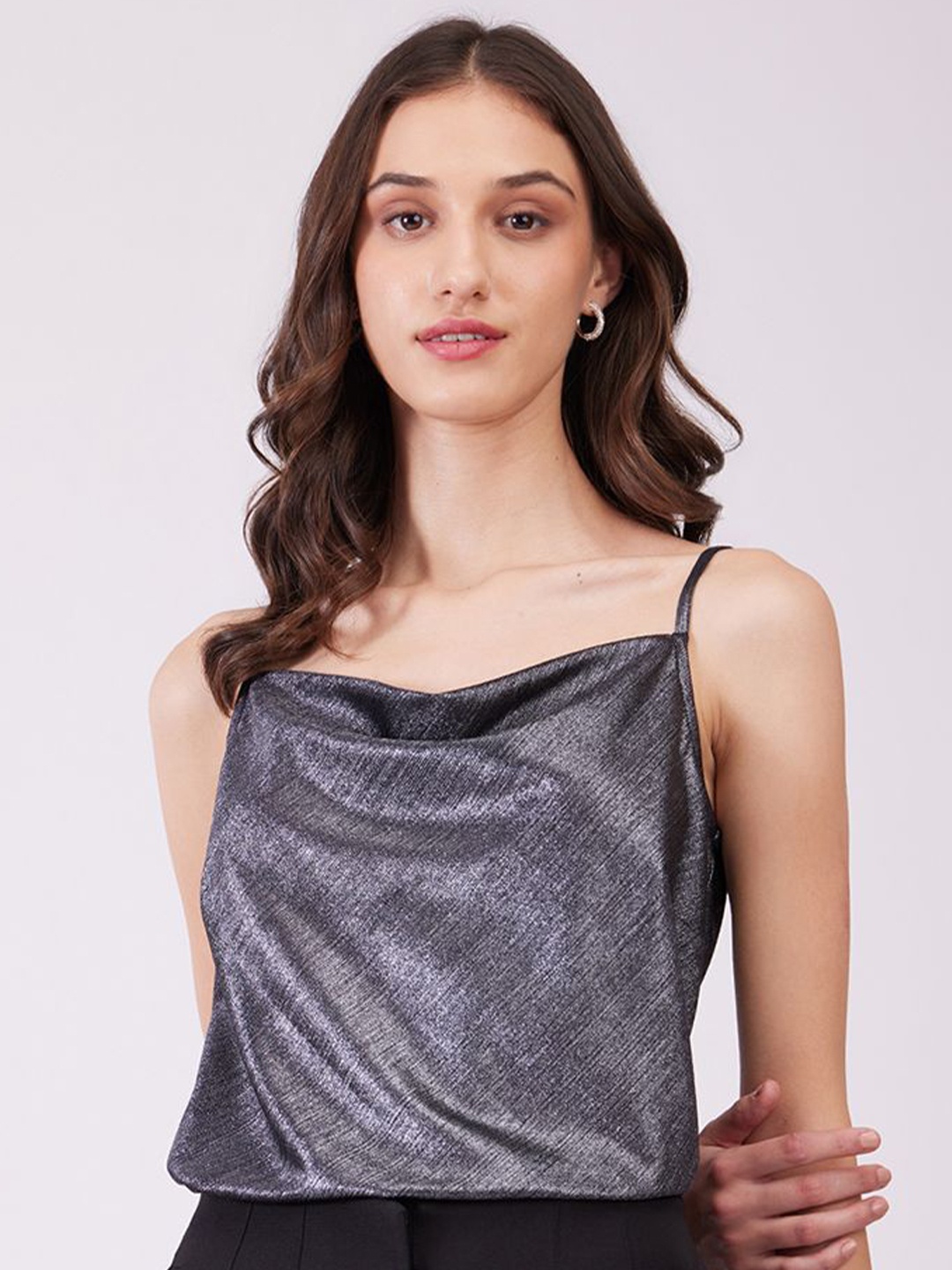 

FableStreet Women Shoulder Straps Cowl Neck Top, Black