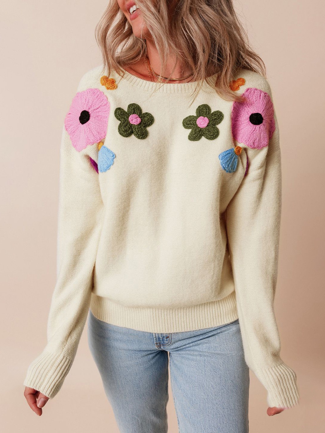 

StyleCast Women Floral Printed Long Sleeves Pullover Sweater, Beige