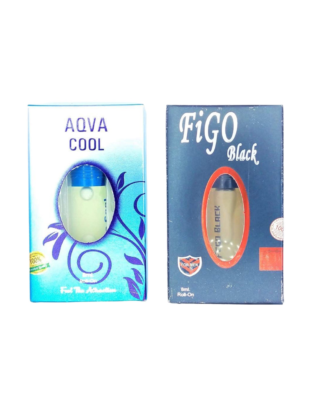 

RAVIOUR LIFESTYLE Set Of 2 Figo Black & Aqua Cool 100% Pure Alcohol Free Attar-8 ml Each, Transparent