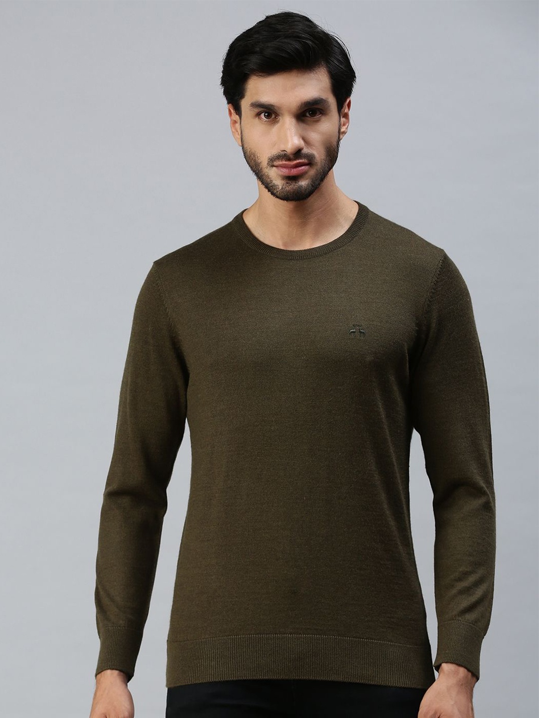 

98 Degree North Men Round Neck Woollen Pullover, Olive