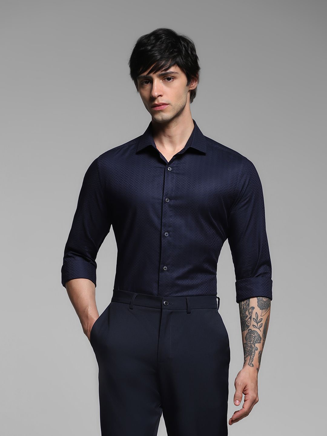 

Jack & Jones Slim Fit Self Design Smart Casual Shirt, Navy blue