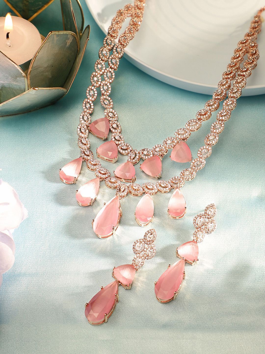 

Priyaasi Rose Gold-Plated AD-Studded Necklace and Earrings