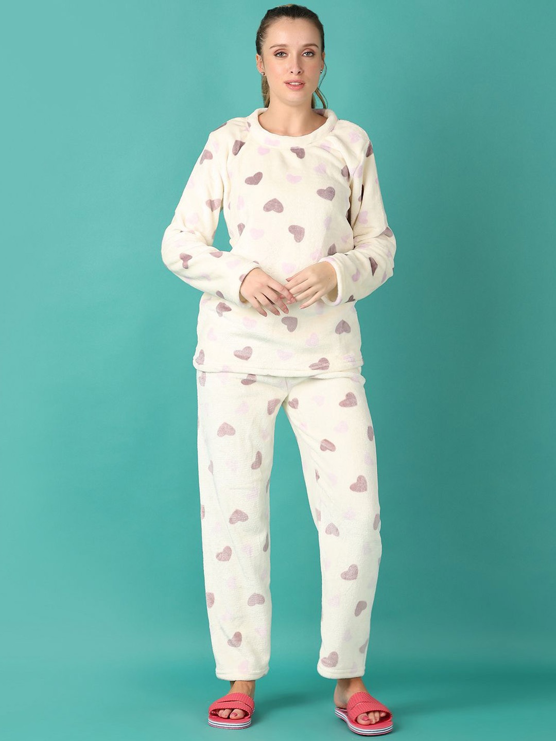 

V-Mart Women Graphic Printed Long Sleeves Night suit, Off white