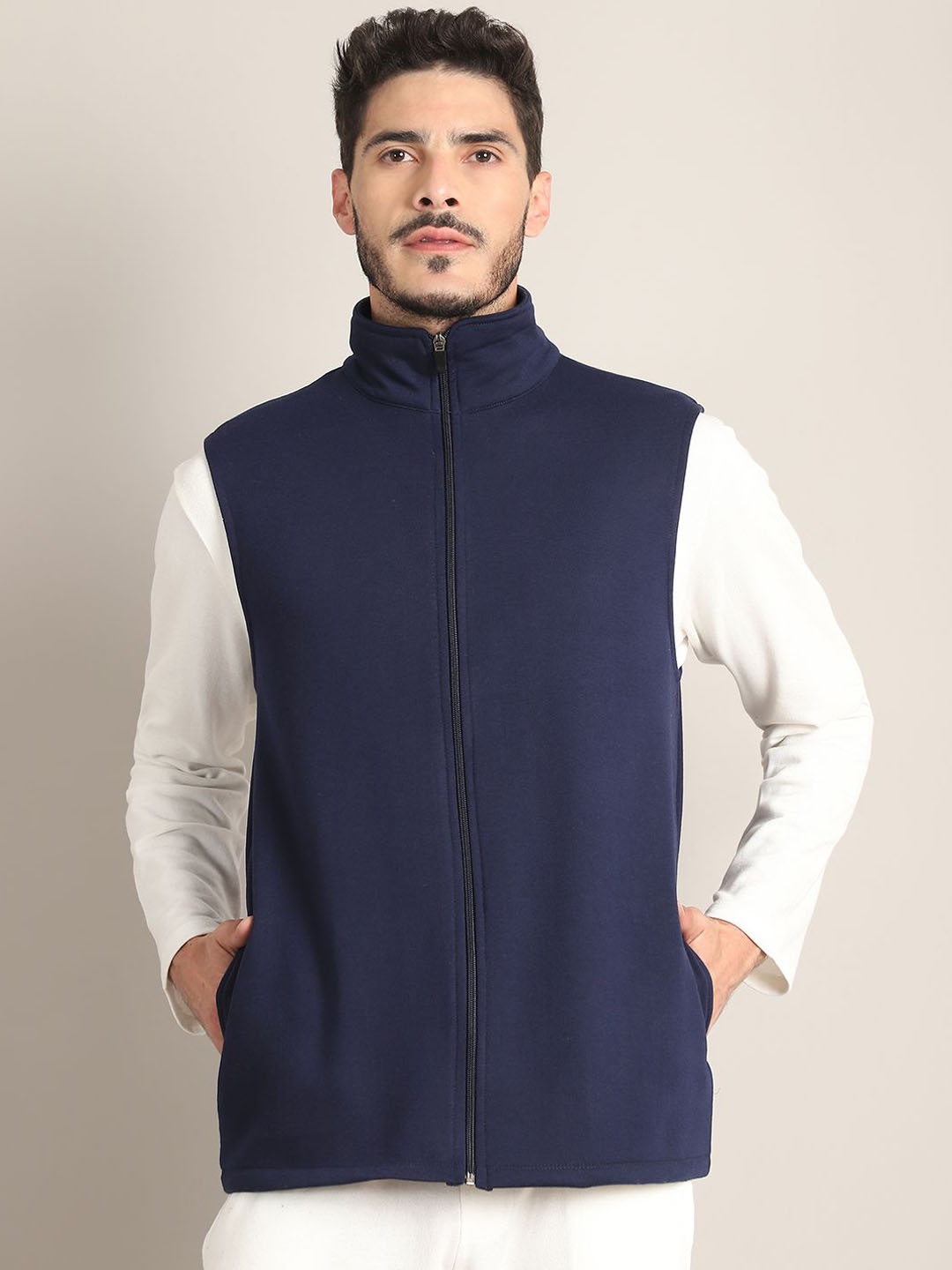 

Rute Men Solid Sleeveless Open Front Jacket, Navy blue