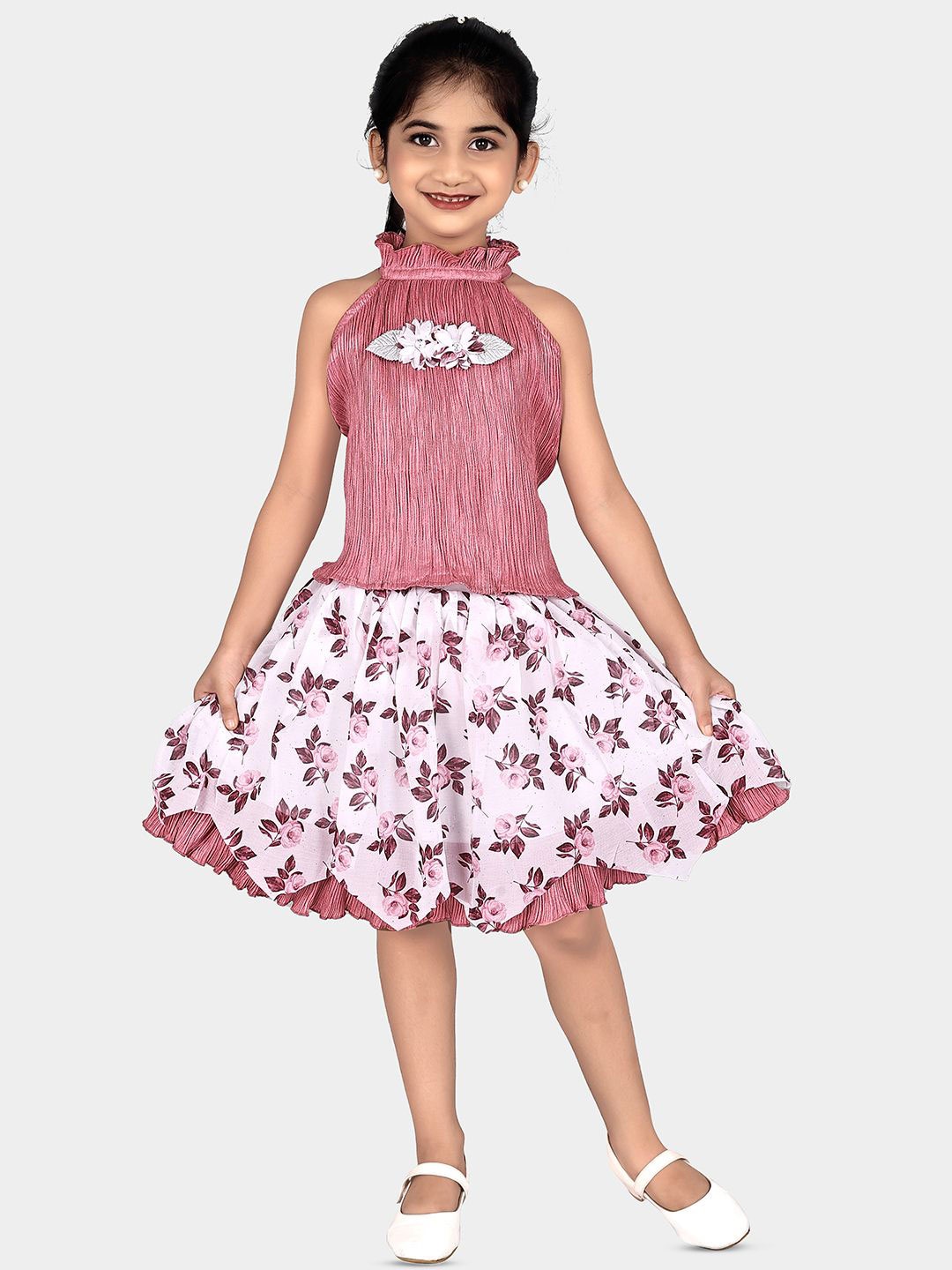 

Fabangel Girls Printed Pure Cotton Top with Skirt, Rose gold