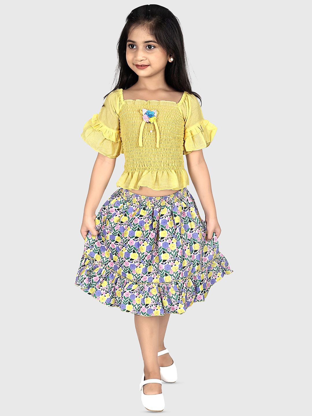 

Fabangel Girls Square Neck Pure Cotton Top with Skirt, Yellow