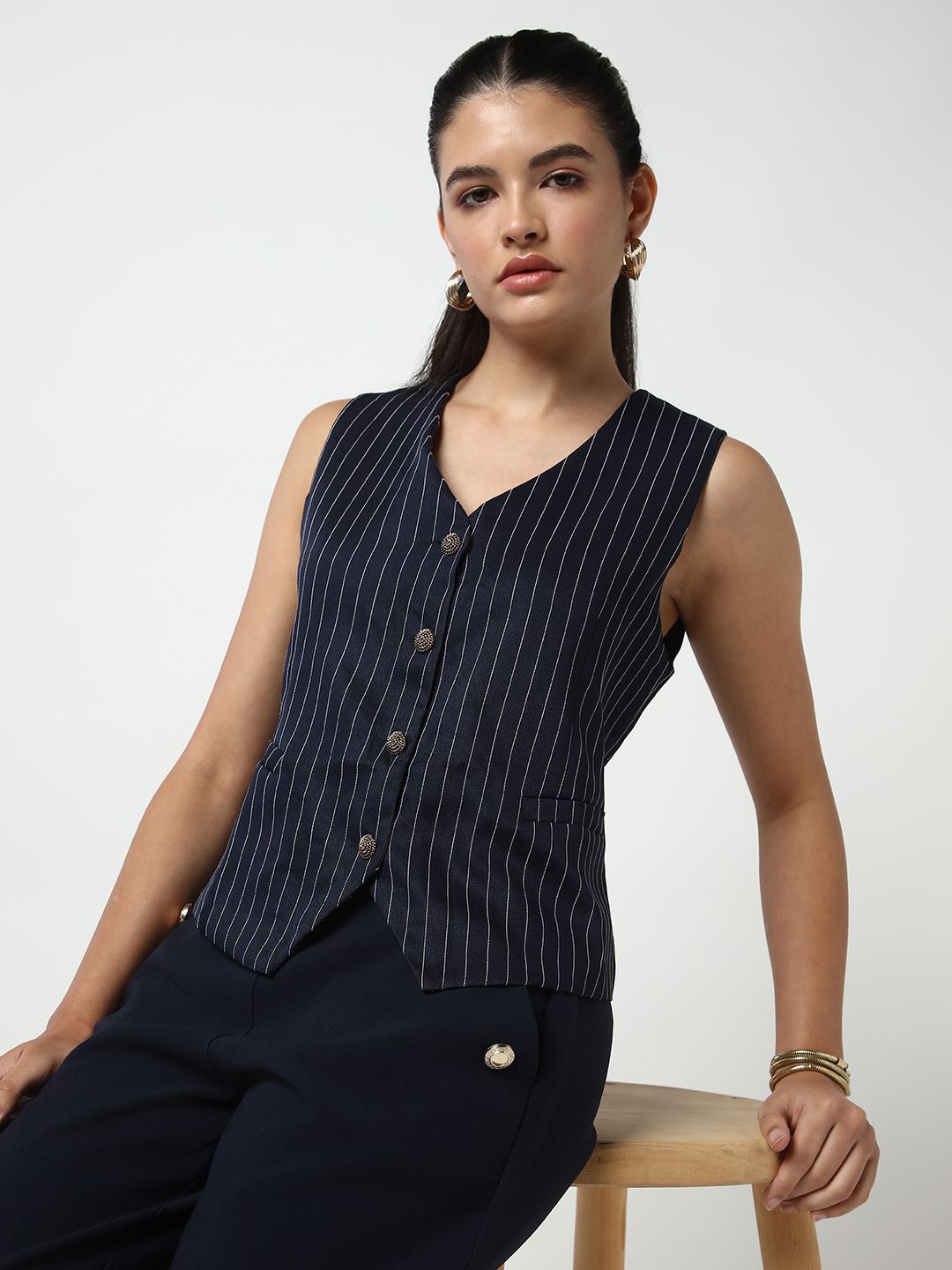 

SHOWOFF Women Vertical Stripes Striped Regular Top, Navy blue