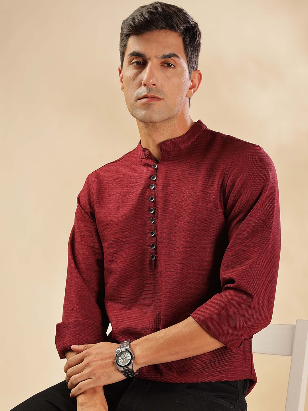 

HERE&NOW Mandarin Collar Straight Short Kurta, Maroon