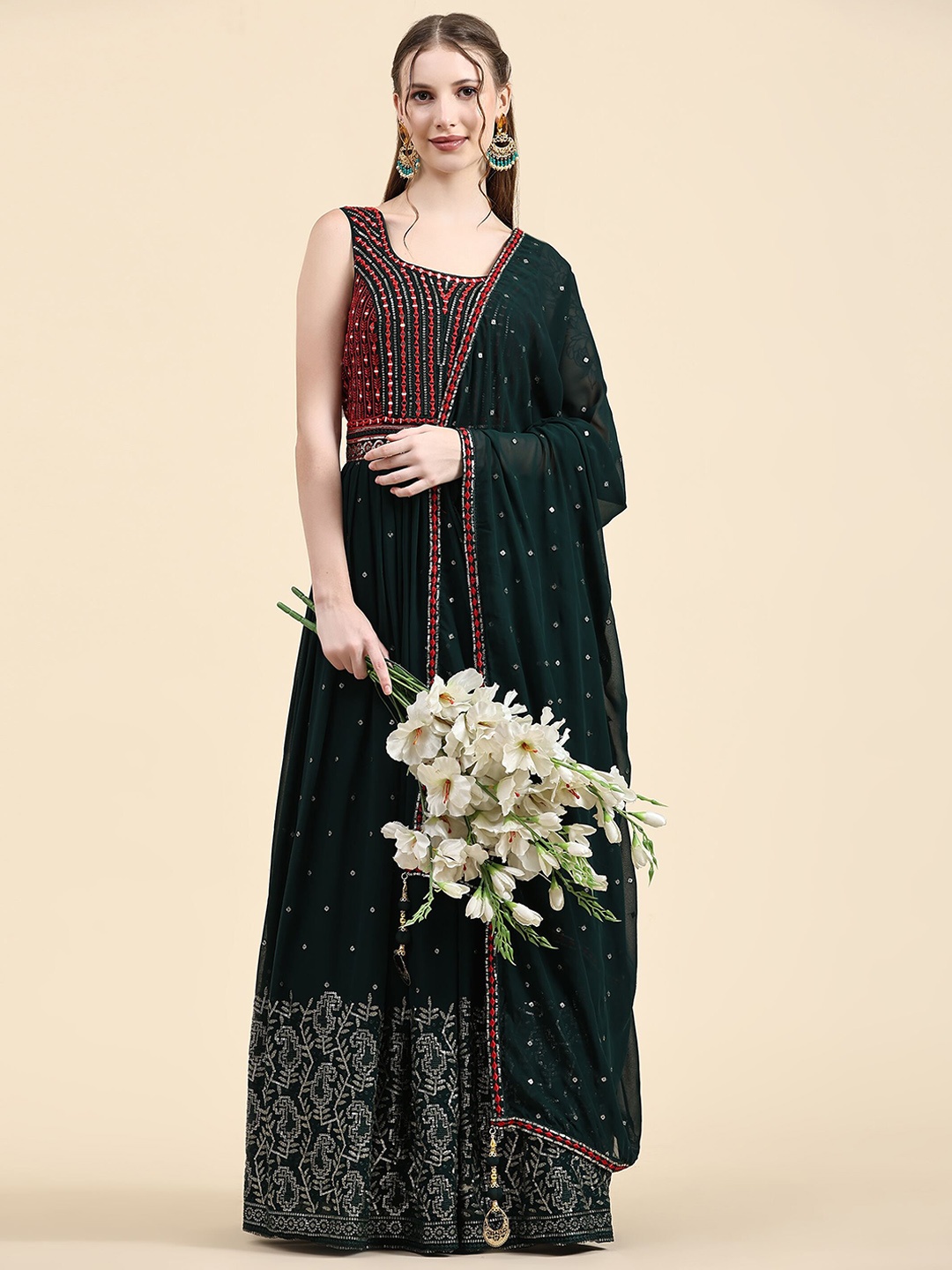 

VANAKARA Women Embroidered Gown Maxi Ethnic Dresses With Dupatta, Green