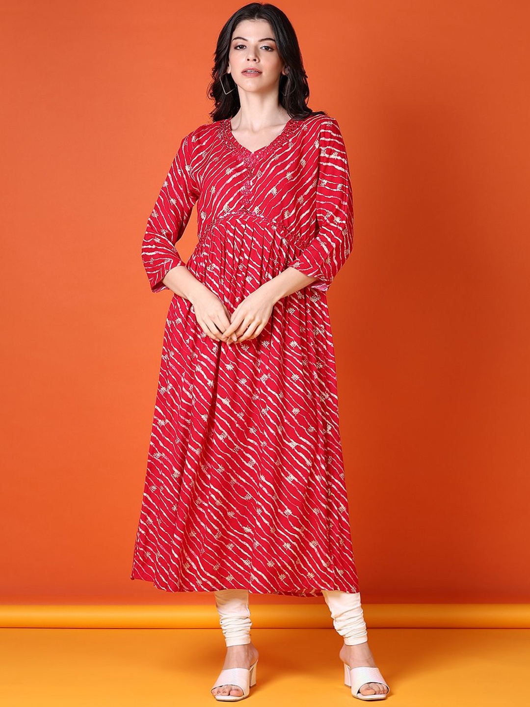 

V-Mart Leheriya Printed Round Neck Empire Mirror Work Anarkali Kurta, Red