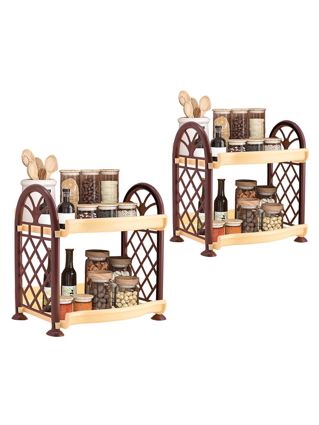 

Kuber Industries Cream-Coloured & Brown 2 Pieces 2 Tier Collapsible Plastic Racks