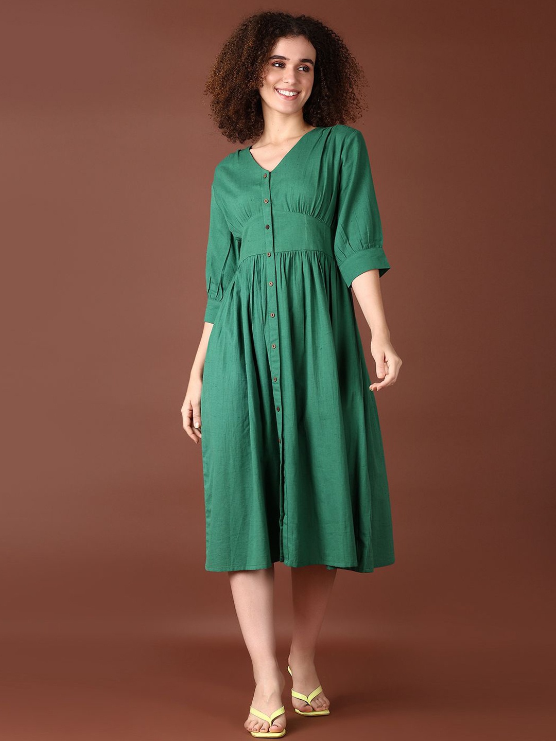 

V-Mart Cotton V-Neck Three-Quarter Sleeves Shirt Midi Dress, Green