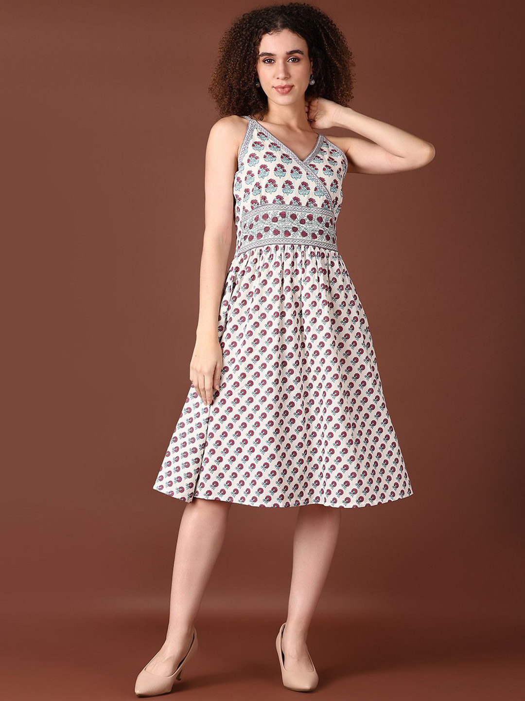 

V-Mart Women Cotton Floral V-Neck Printed Fit & Flare Midi Dress, Pink