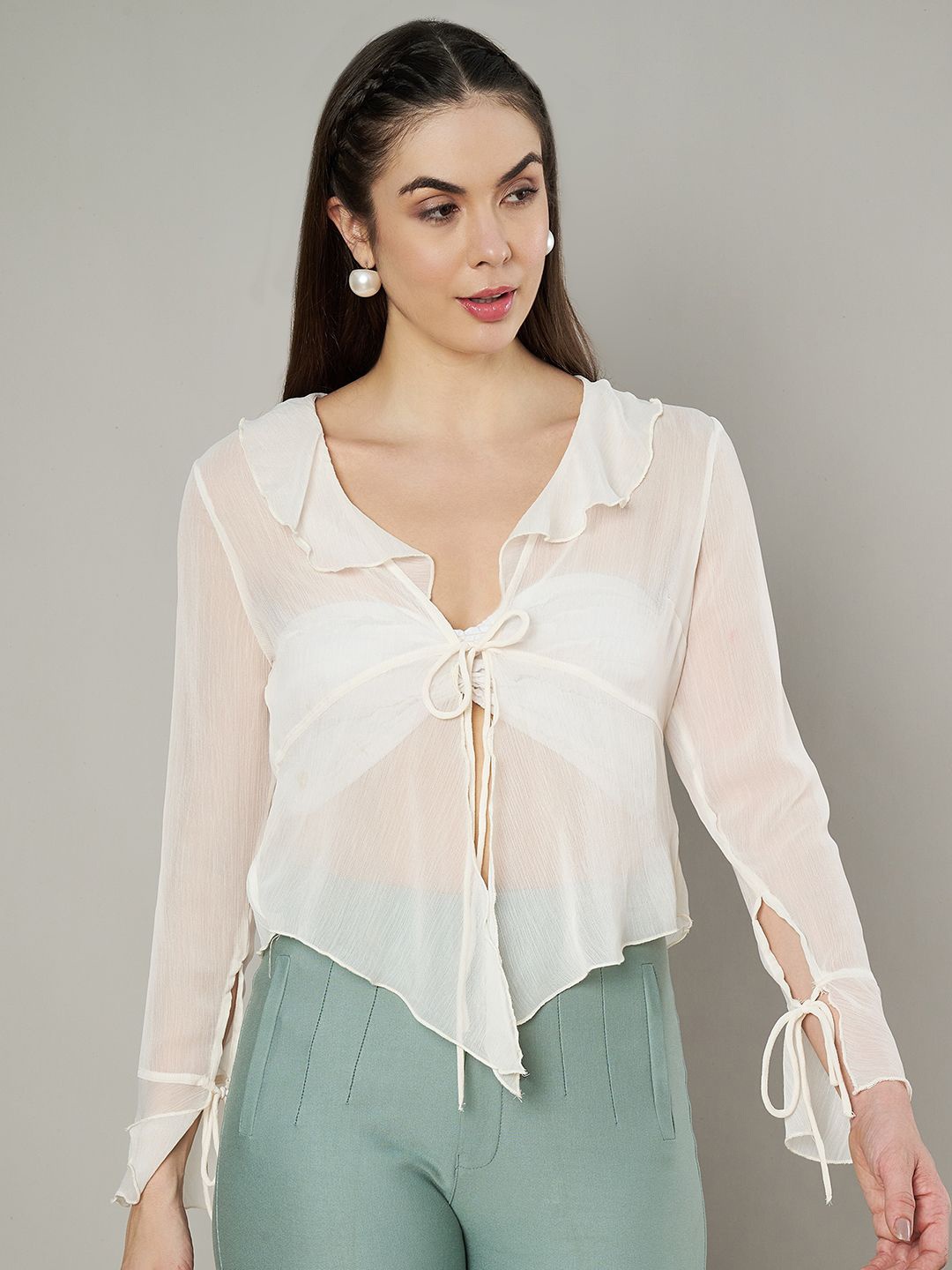 

Amagyaa Ruffled Tie-Up Short Shrug, White