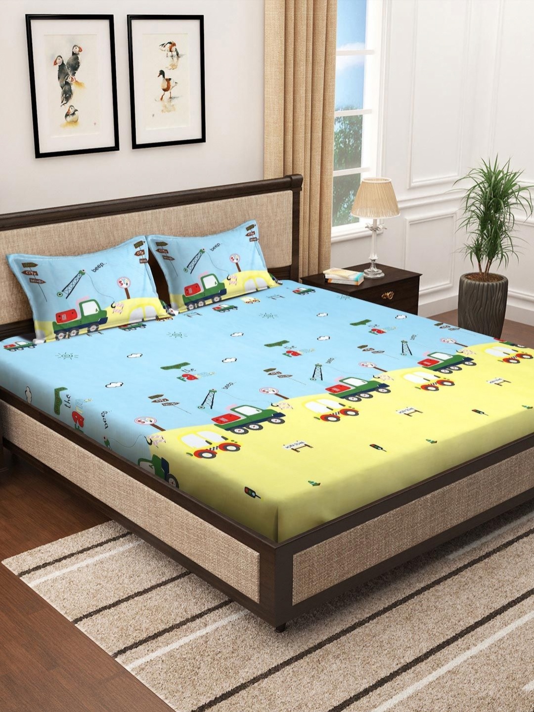 

LITTLE GINNIE Blue & Yellow Graphic Pure Cotton 144 TC Queen Bedsheet Set 2.54 m X 2.28 m