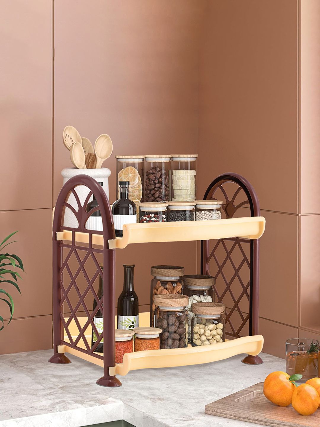 

Kuber Industries Cream-Coloured & Brown 2 Tier Collapsible Racks Organiser