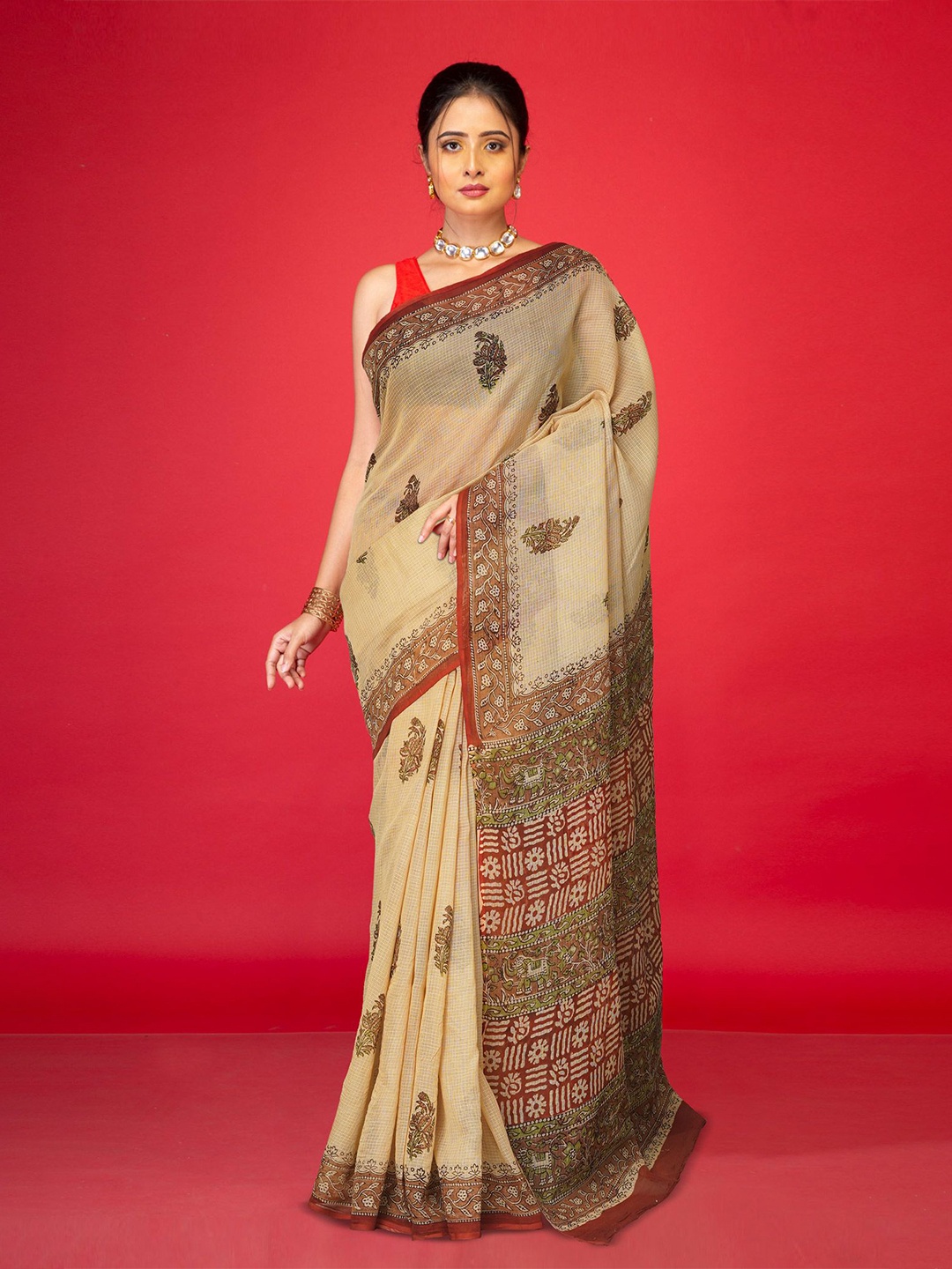 

Unnati Silks Ethnic Motifs Pure Cotton Handloom Kota Saree, Cream