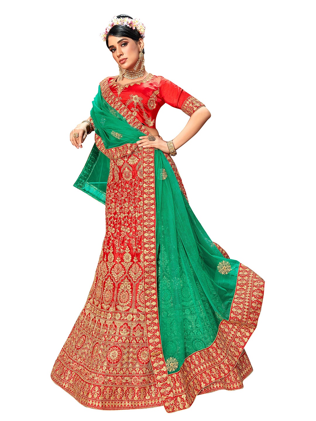 

Maroosh Embroidered Thread Work Unstitched Lehenga & Blouse With Dupatta, Red