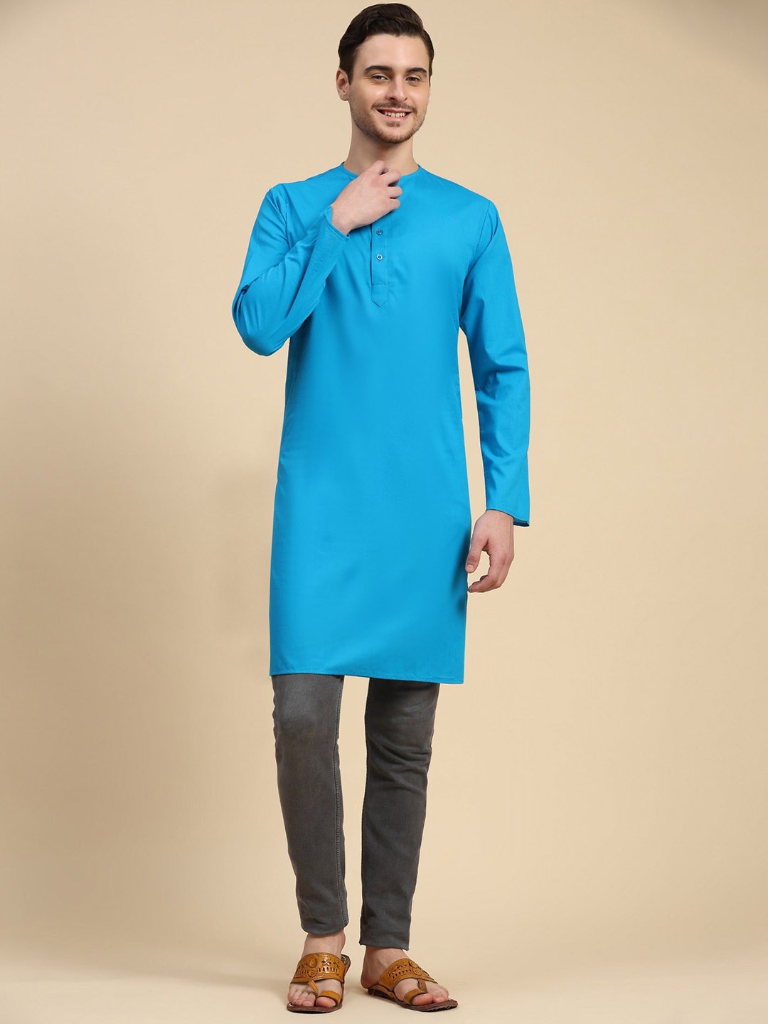 

SKAVIJ Mandarin Collar Cotton Kurta, Turquoise blue