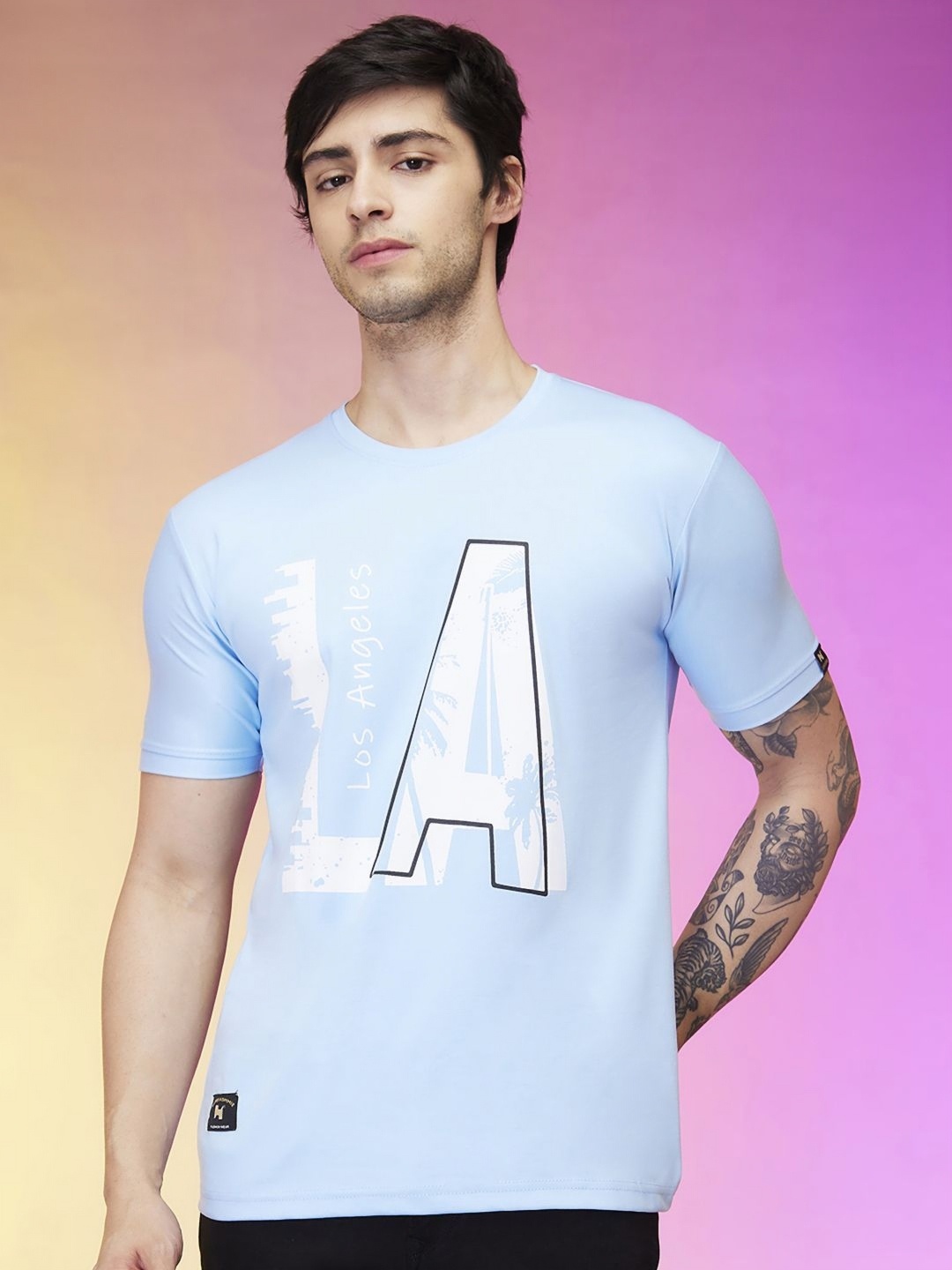 

Mmore Men Printed Raw Edge T-shirt, Blue