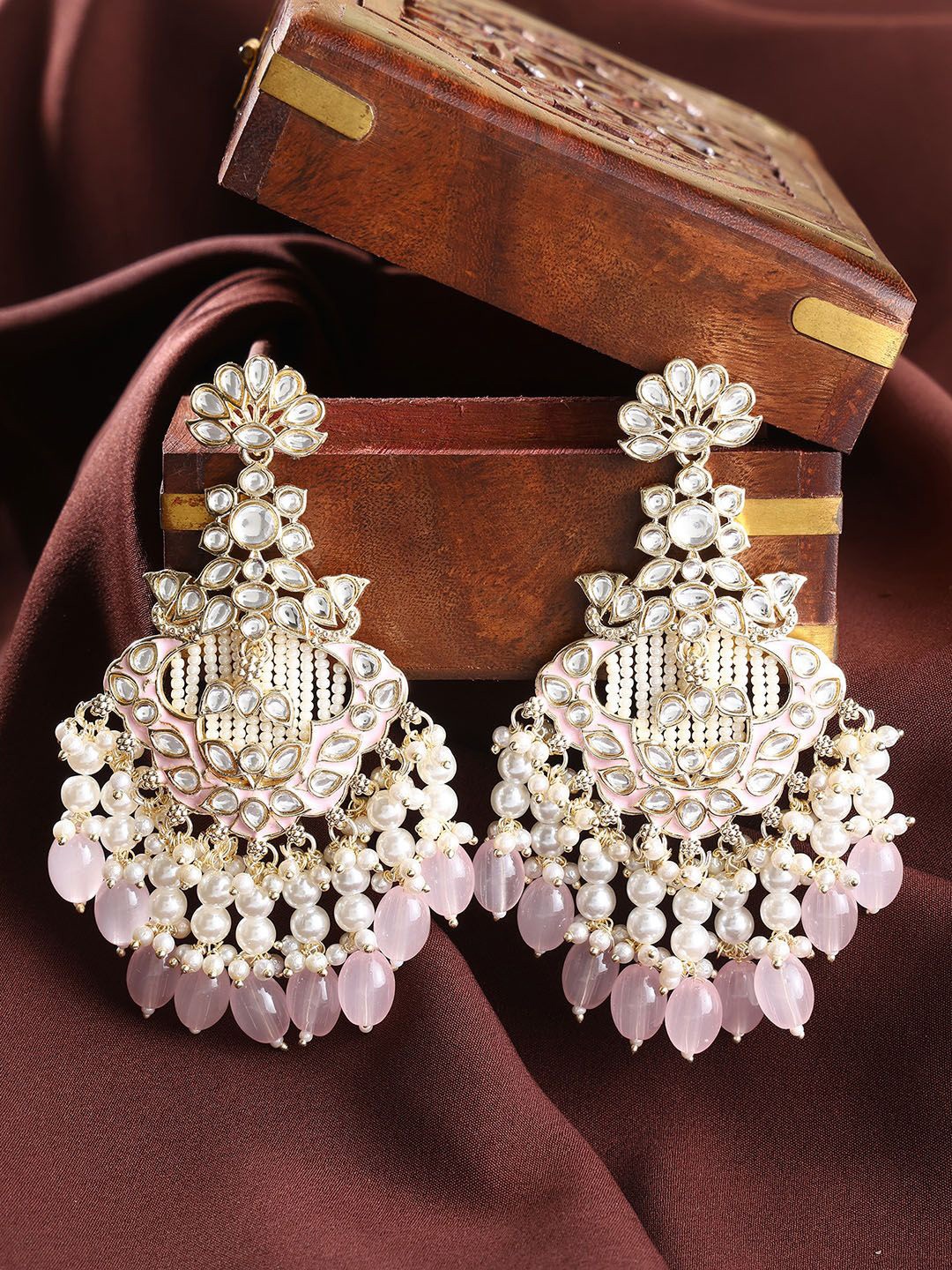 

Priyaasi Gold-Plated Kundan Stone Studded & Pearls Beaded Floral Design Drop Earrings