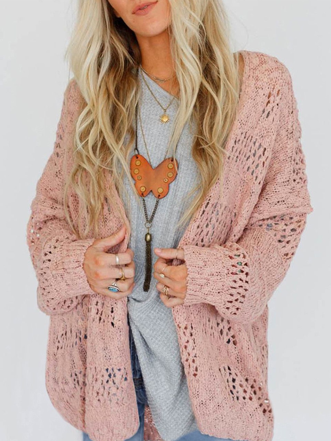 

StyleCast Women Self Design Shawl Collar Longline Sweater, Peach