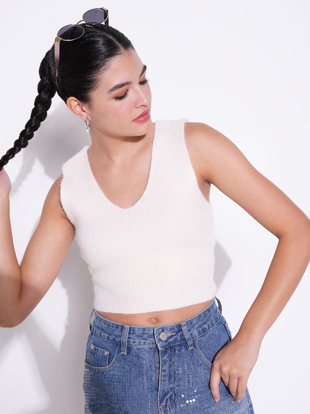 

SHOWOFF Women Self Design Sleeveless Crop Top, Cream