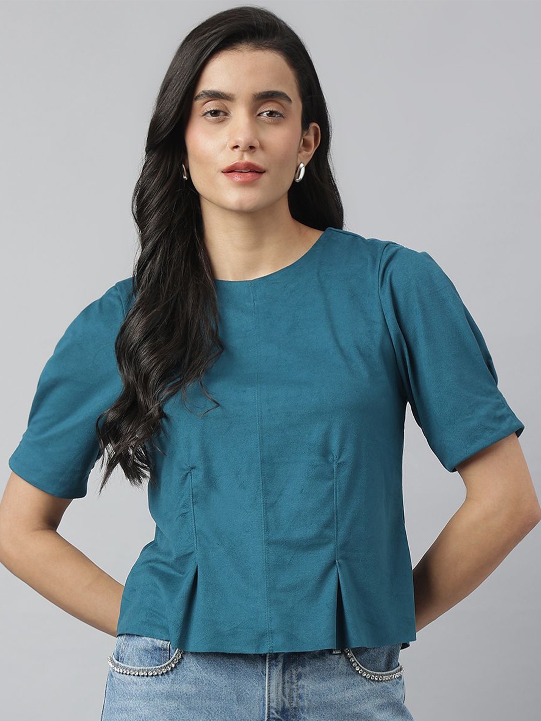 

Latin Quarters Women Pleated Round Neck Top, Teal