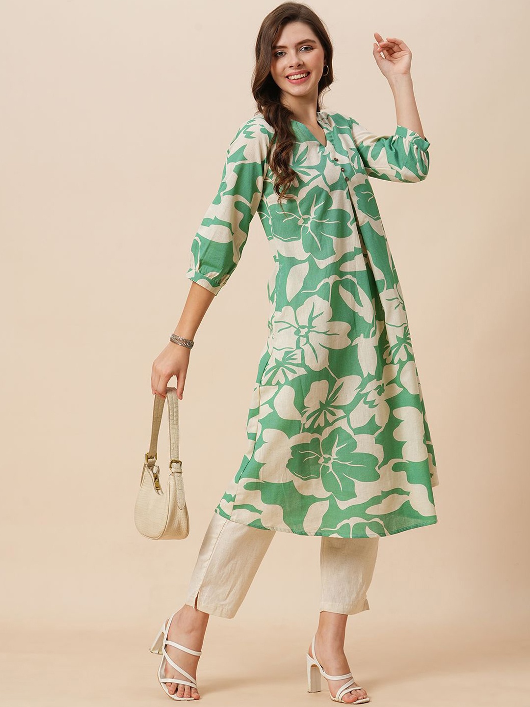 

KALINI Floral Printed Pleated Pure Cotton Kurta with Trouser, Sea green