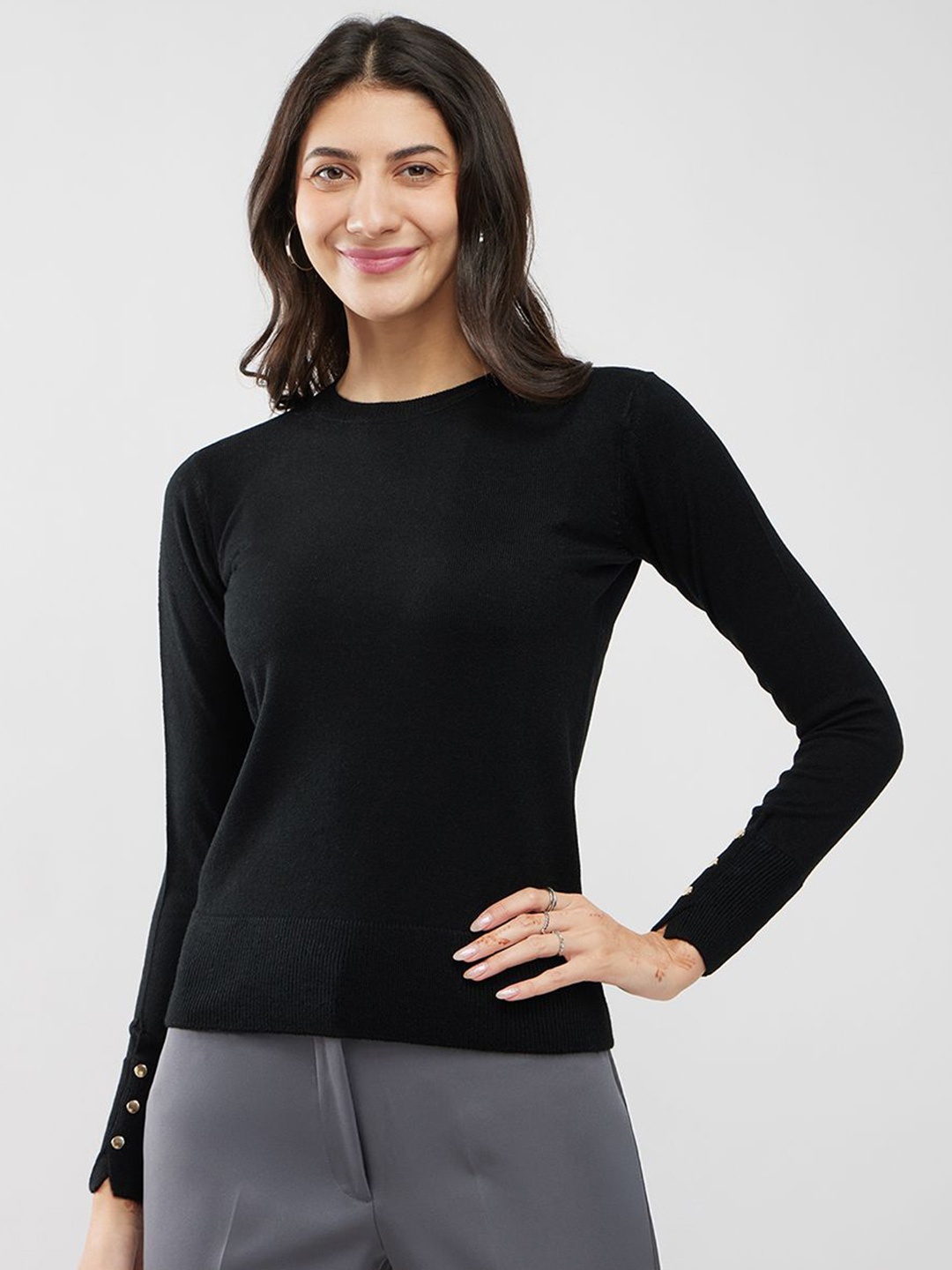 

FableStreet Women Round Neck Buttoned Sleeve Pullover, Black